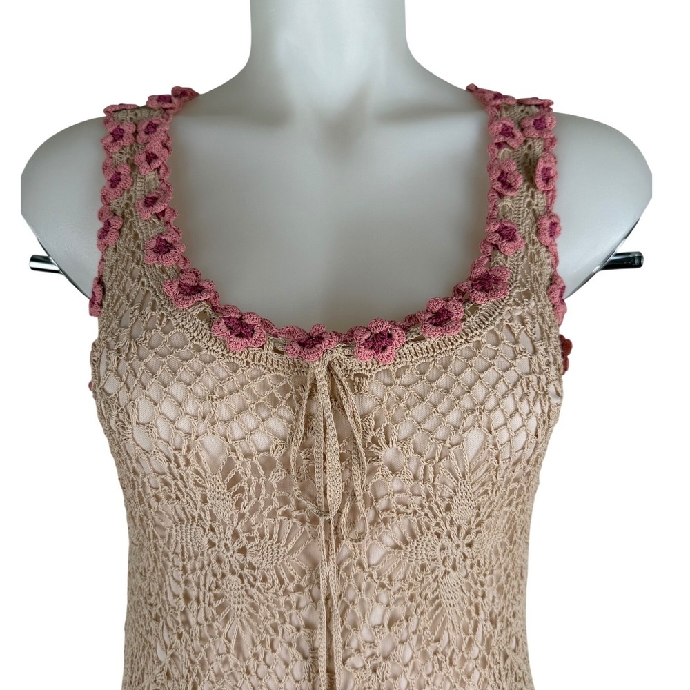 Vintage Crochet Lace Maxi Dress Boho Festival Beach Beige Pink Floral Trim Small